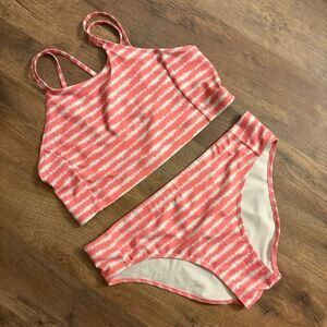 Z by Zella Girls 16 Pink White Stripe Tankini Crop Top Swimsuit Pastel Beach